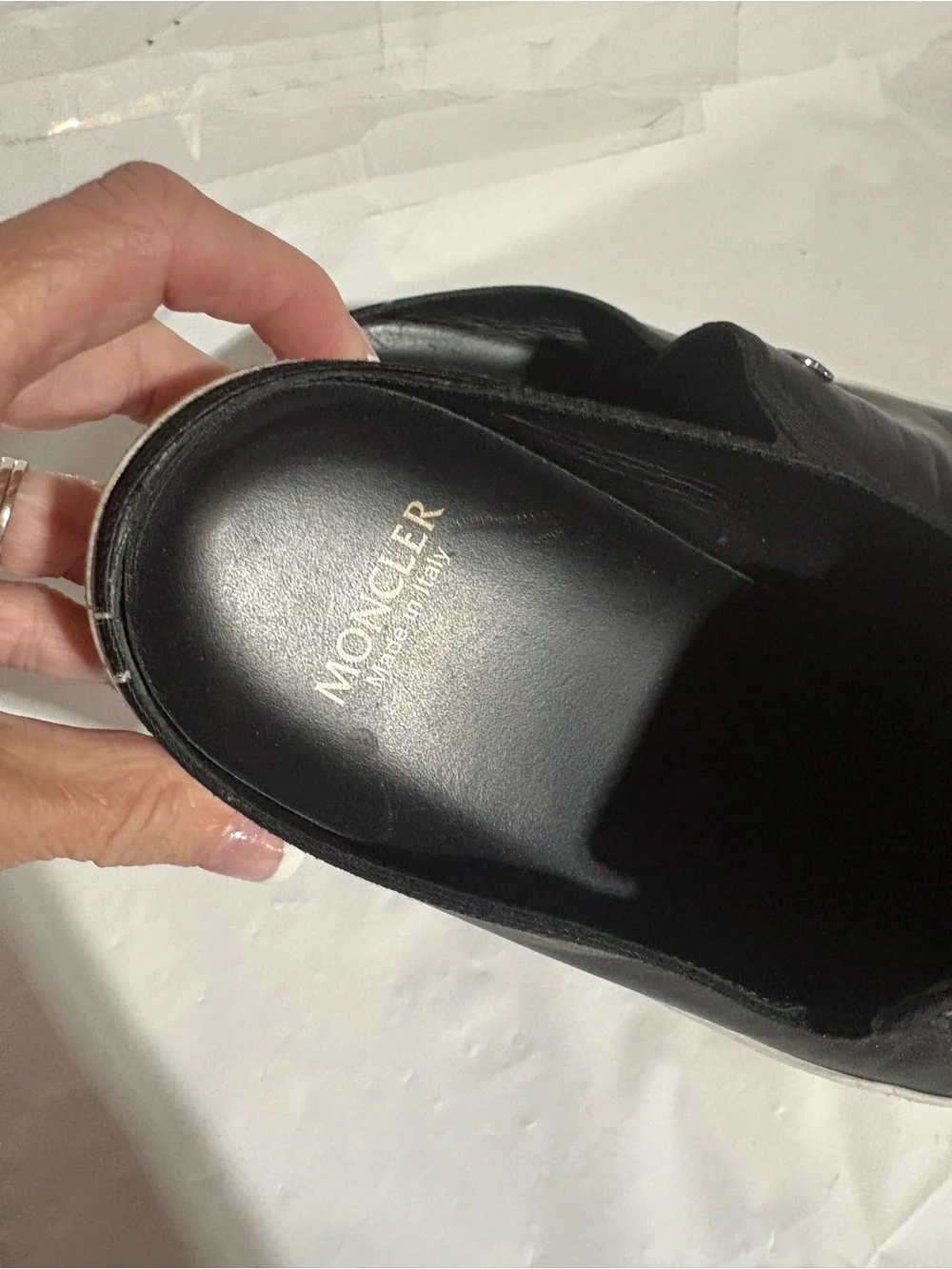 Moncler Black Leather Slip-On Loafers with White Sole